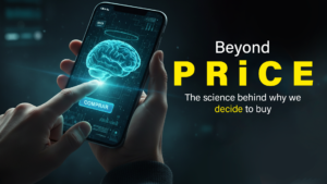 Digital illustration showing a brain hologram on a smartphone with the word “Comprar,” representing the neuroscience of buying decisions and how emotions drive purchases.