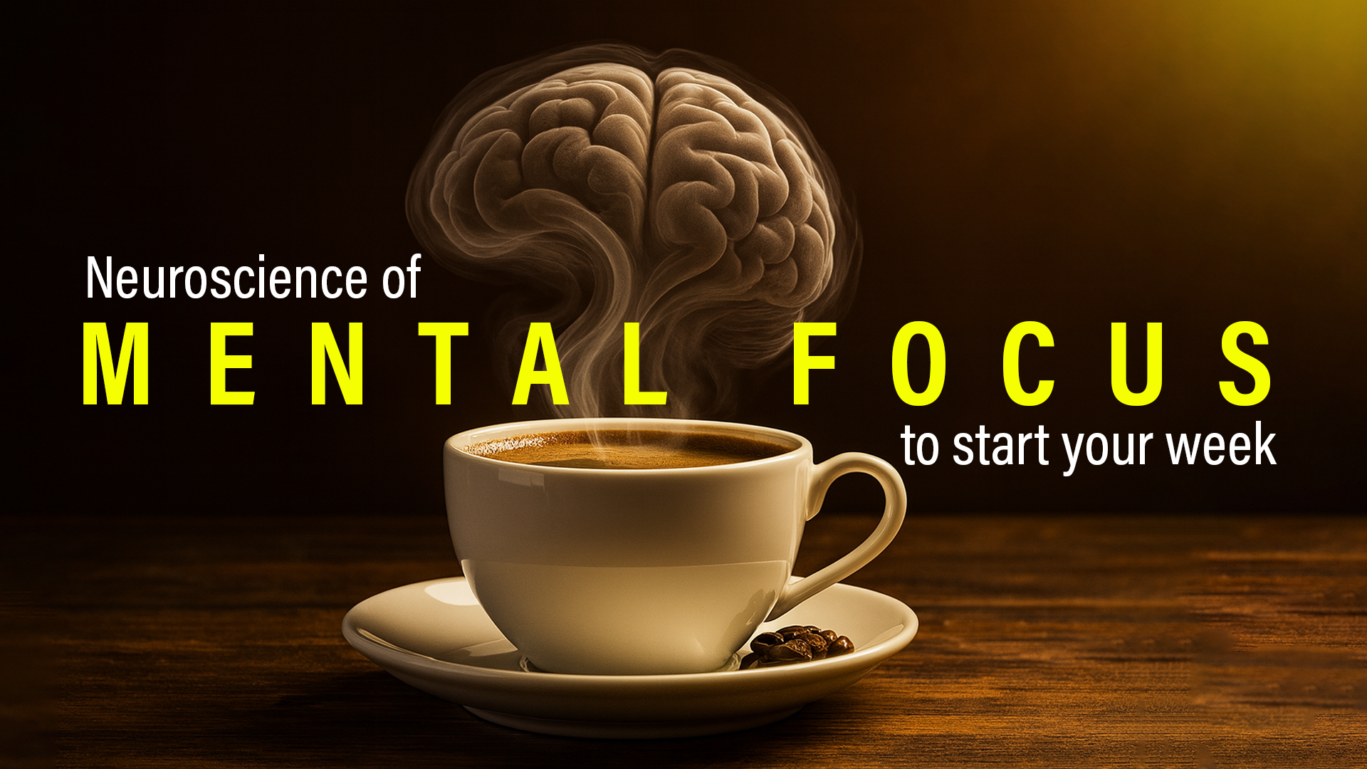 Image of a steaming coffee cup where the steam forms a human brain, symbolizing the neuroscience of mental focus and cognitive clarity to start the workweek with strategic attention.