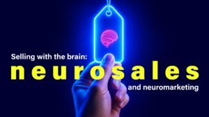 A neon price tag with a brain icon, representing neurosales, neuromarketing, and how the brain influences customer buying decisions.